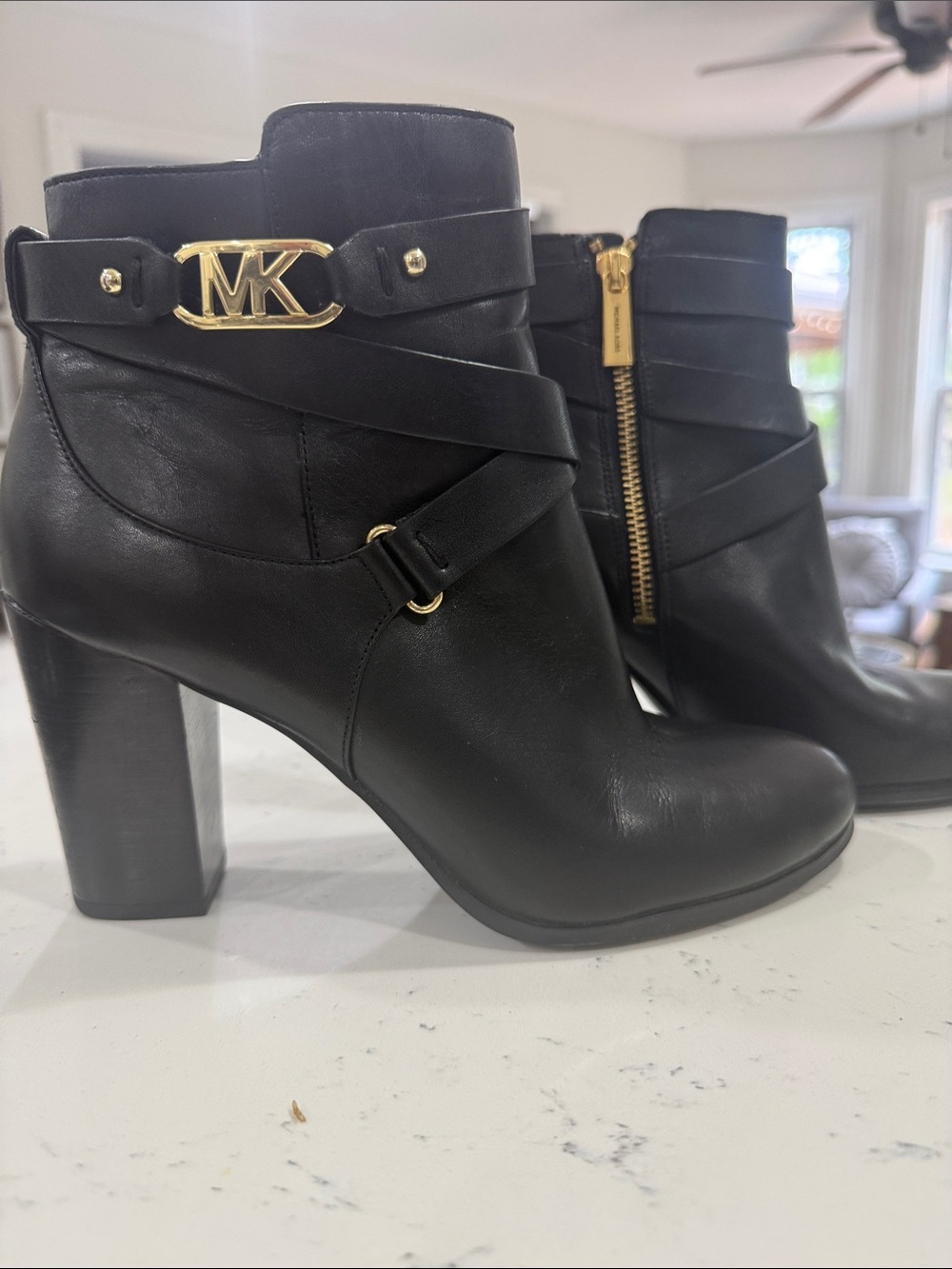 Michael Kors Black Leather Kincaid Ankle Booties with Gold MK 3.5 in heel